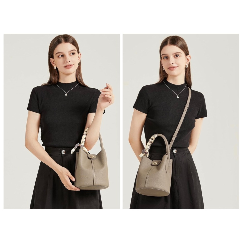 Bostanten Bucket Bag Small Taupe Pebbled Vegan Leather Crossbody Scarf Accessory